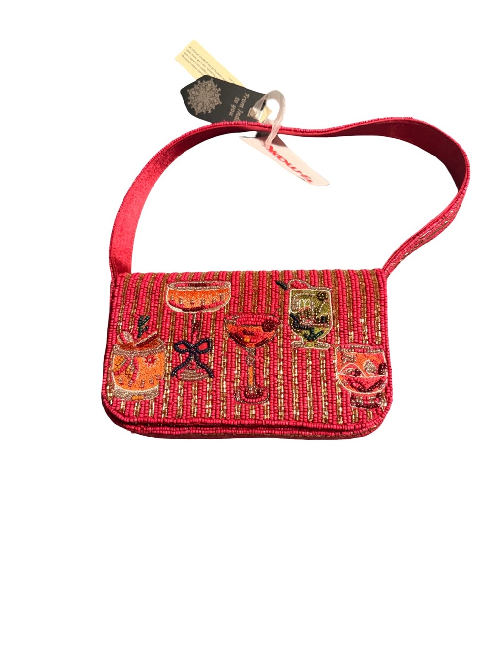 Beaded Red Cocktail Motif Crossbody Bag